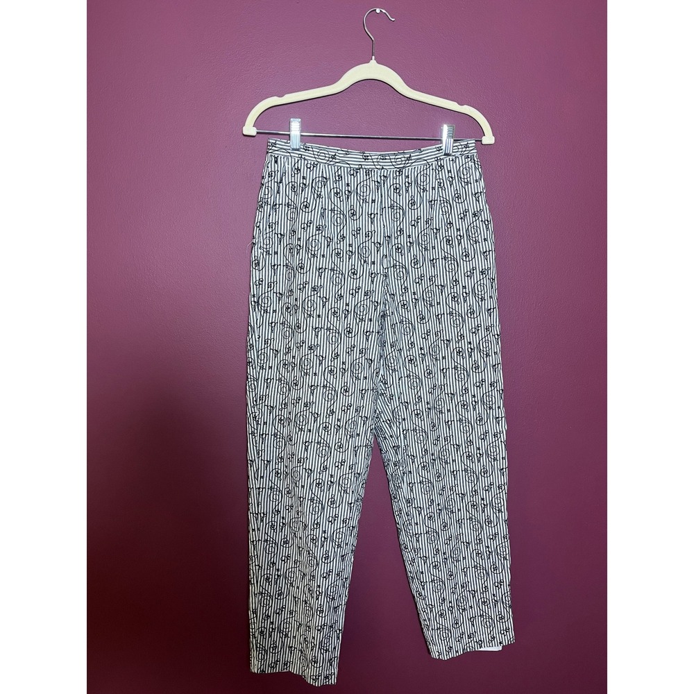 Talbots Stretch Ankle Pants Black White Striped Embroidered Scroll Floral